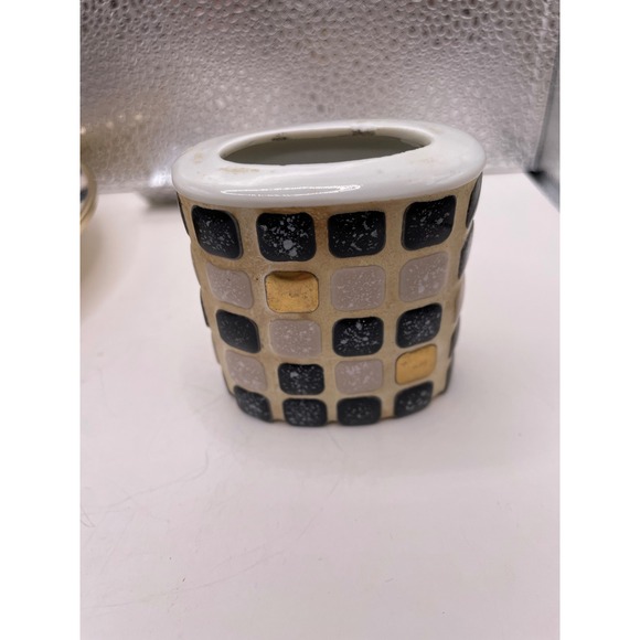 Vtg‎ Mid Century Penguin Japan Mosaic Lighter and Ashtray Set Black White Gold - Picture 10 of 15